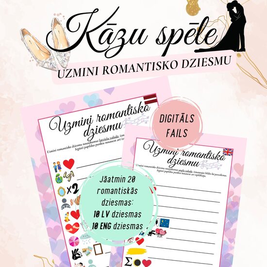 Spēle "Uzmini romantisko mīlas dziesmu", 10 latviešu un 10 angļu dziesmas, digitāls PDF fails
